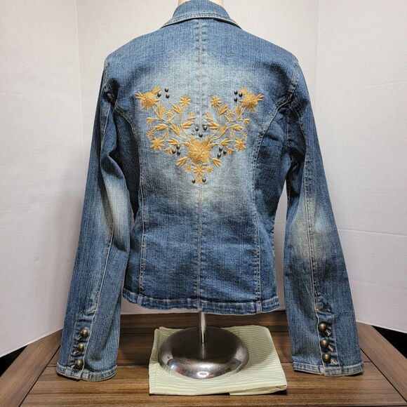 Faded Glory Stretch Denim Jean Jacket Embroidered Design - Size Missy 12 - Picture 4 of 9
